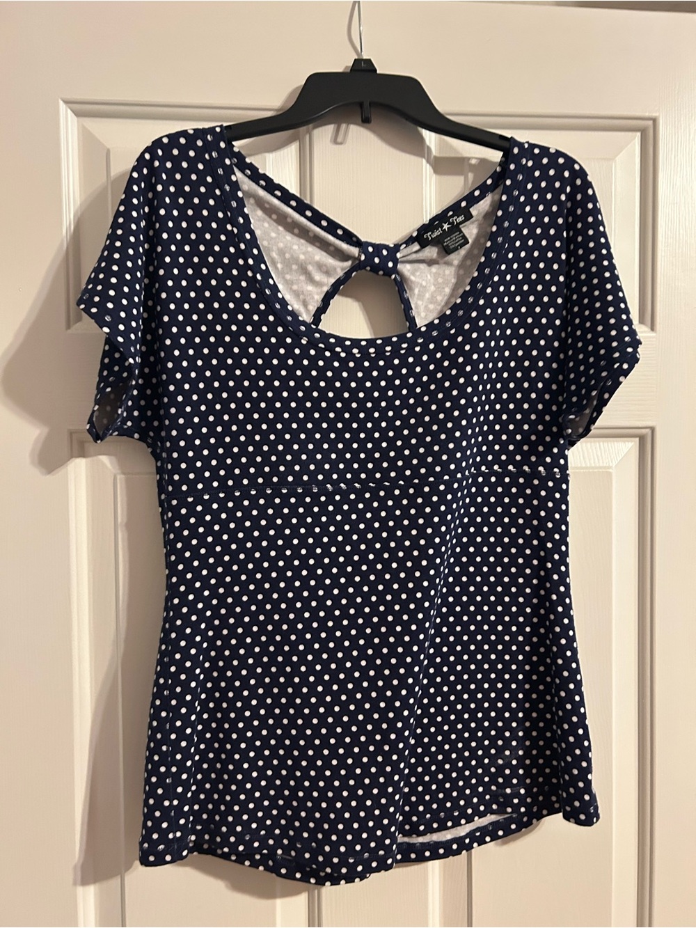 White House Black Market Navy and White Polka Dot Tie-Back Top